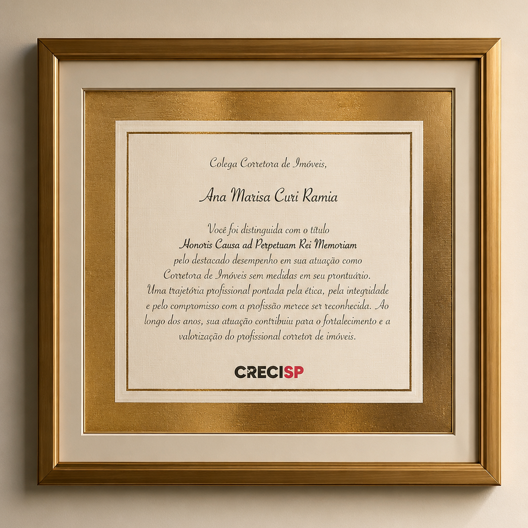 Certificado de Reconhecimento CRECI-SP para Ana Marisa Curi Râmia